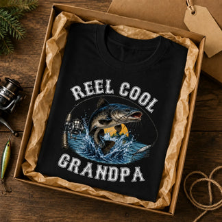 Grandpa fishing t-shirt detail – vintage reel cool design with illustrated fish