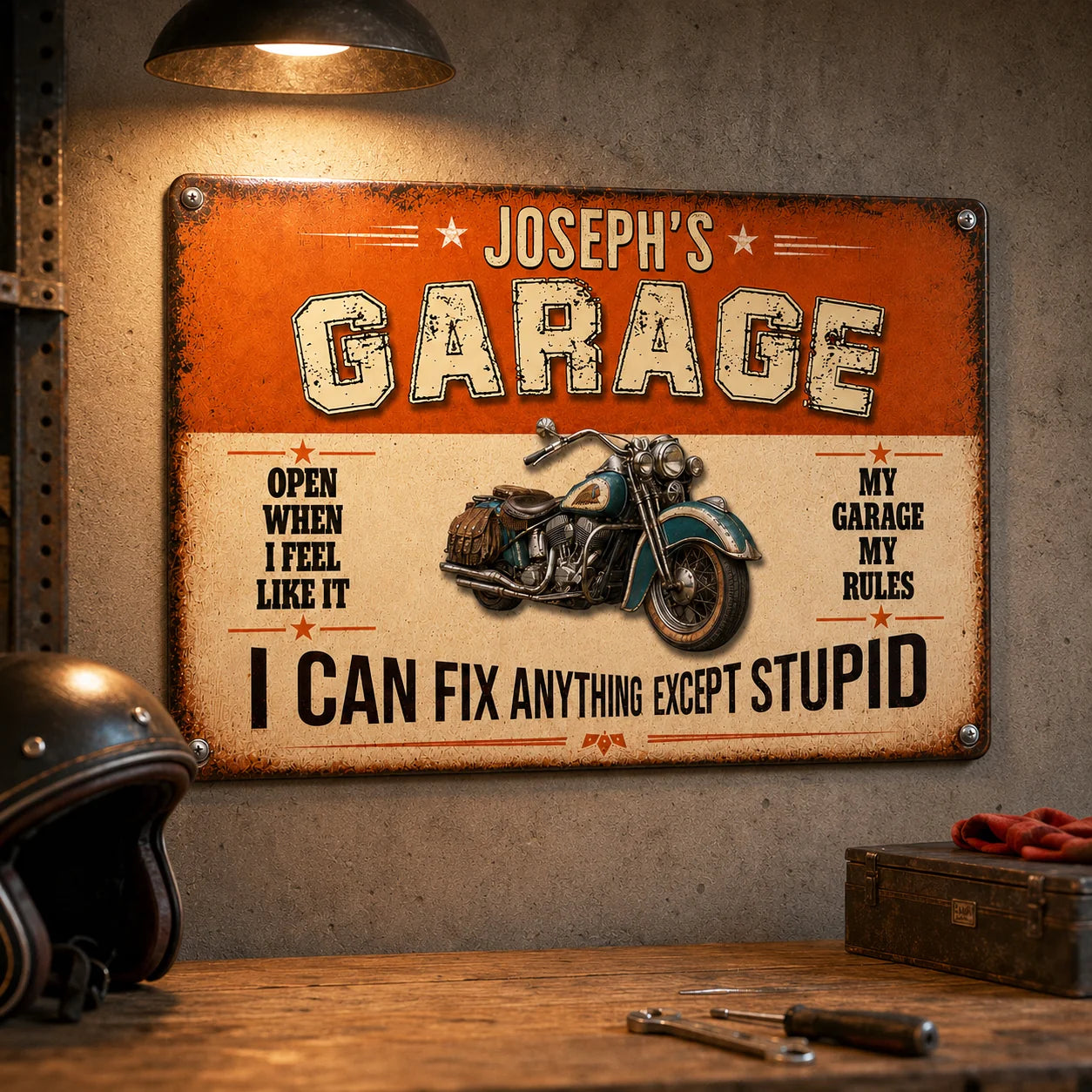 Personalized Garage Metal Sign with Custom Name and Vehicle Design