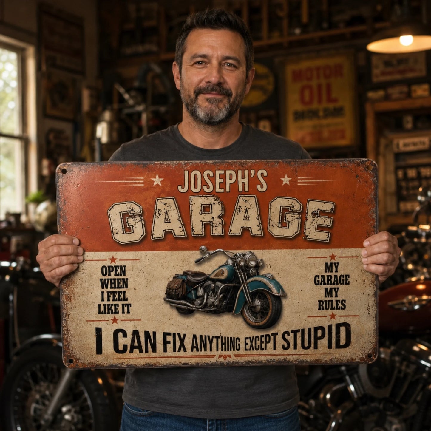 Personalized Garage Metal Sign Hanging on Garage Wall