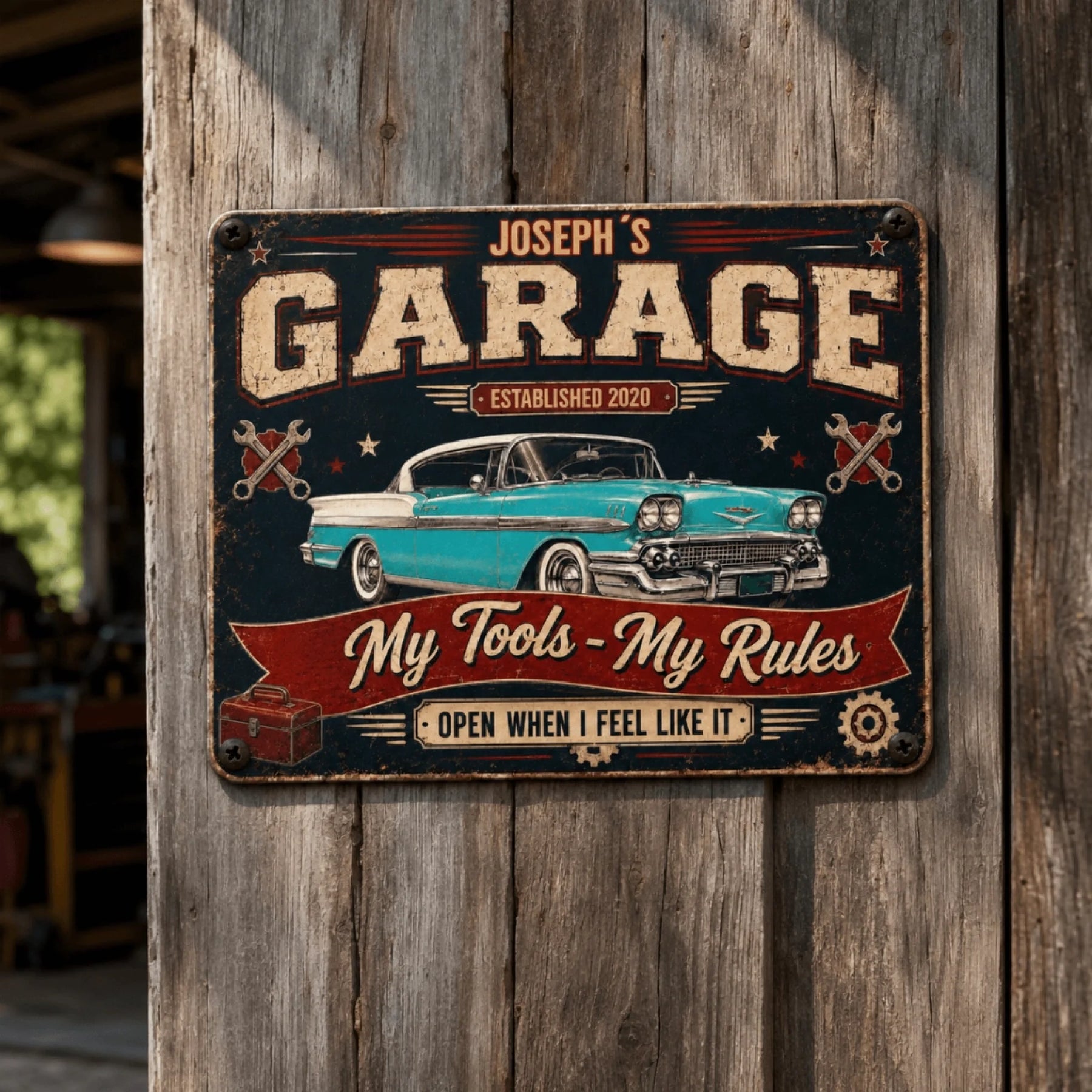 Personalized garage metal sign with custom name and classic turquoise car, mounted on a wooden wall