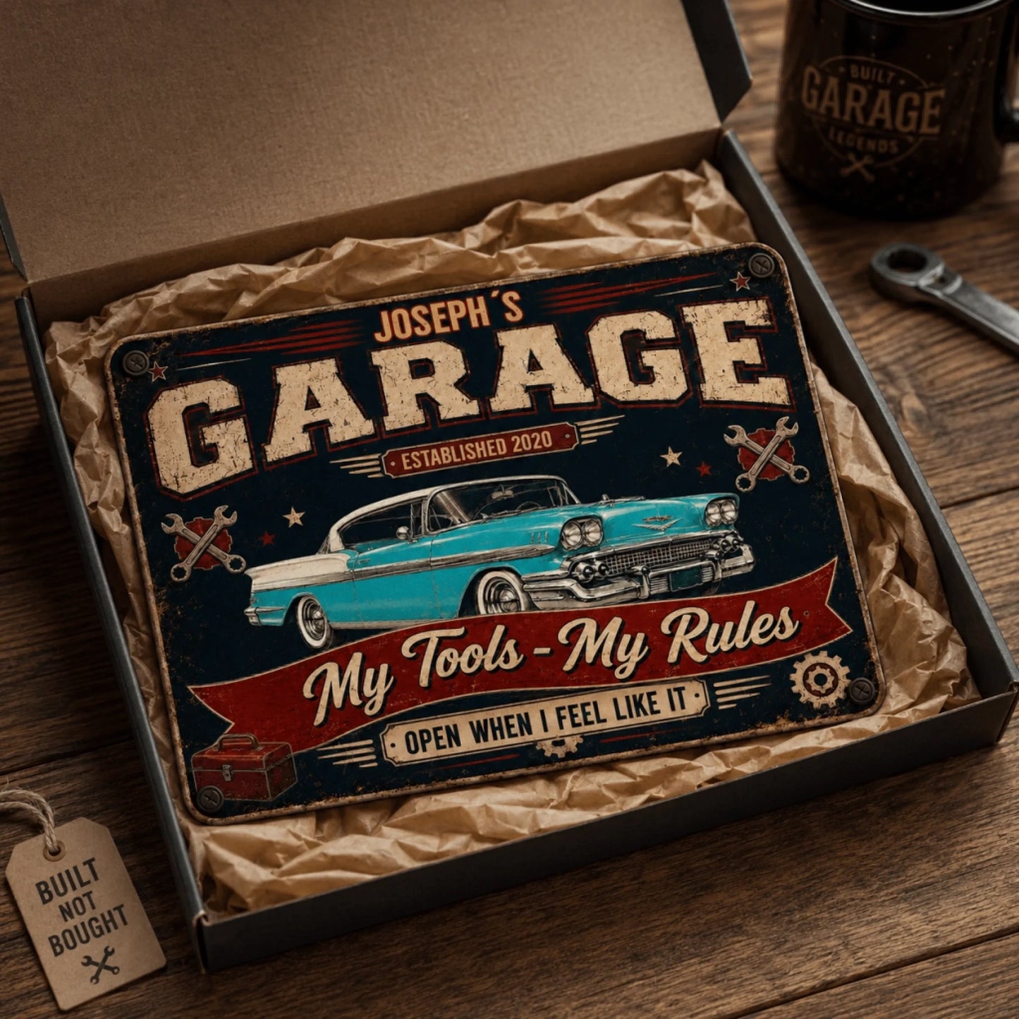 Personalized garage metal sign gift for dad, packaged in a gift box with tissue paper