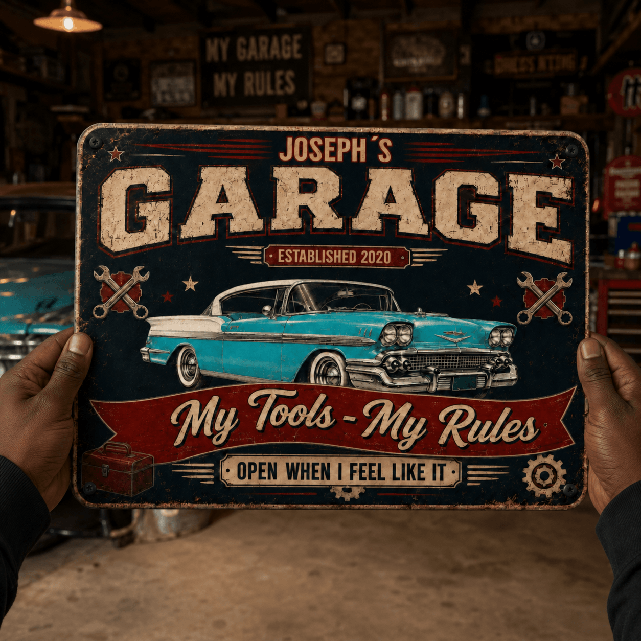 Hands holding a personalized garage metal sign with custom name and classic car artwork