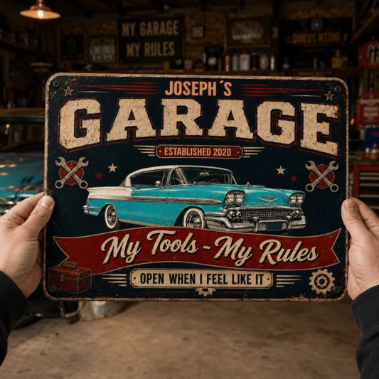 Hands holding a personalized garage metal sign with custom name and classic car artwork