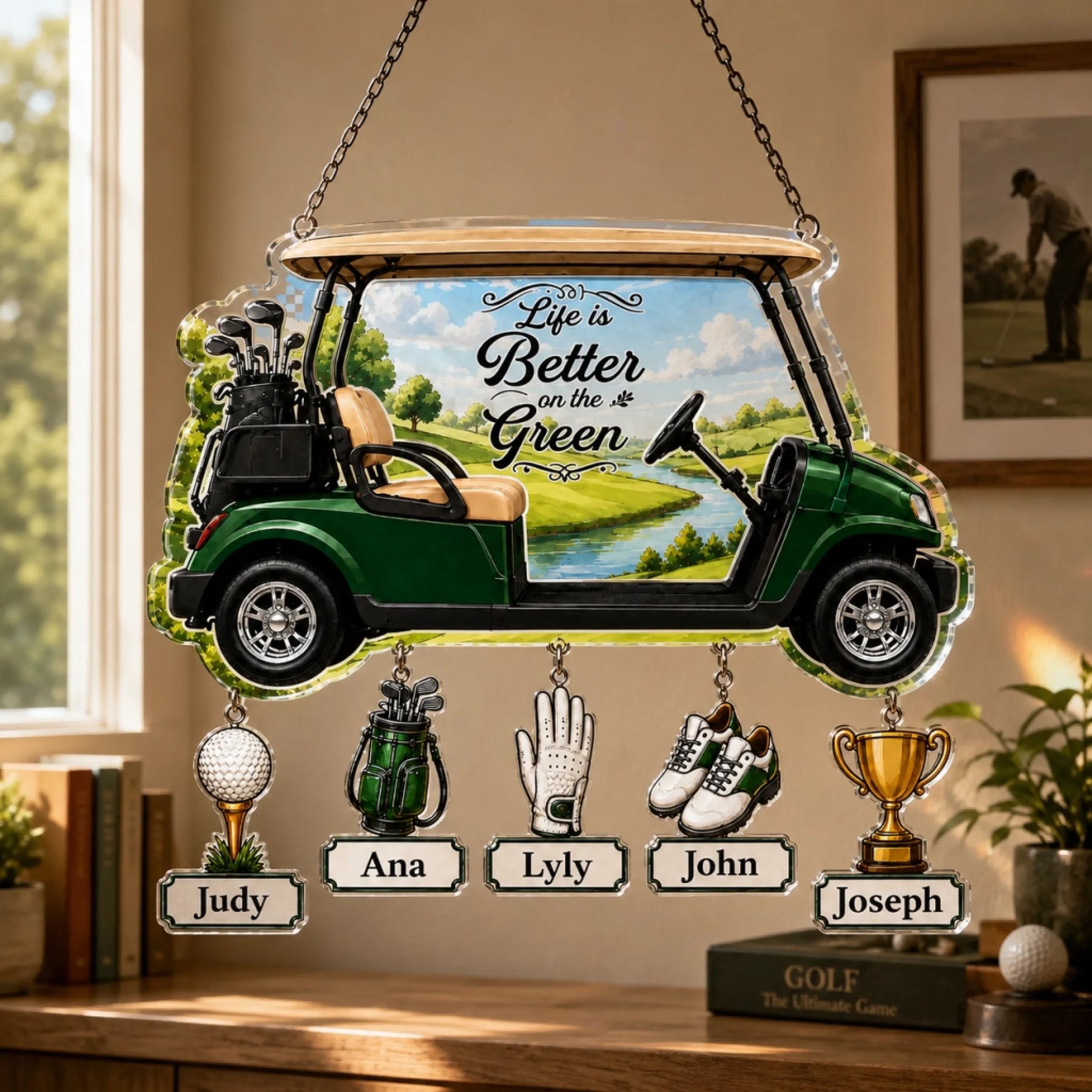 Personalized golf dad suncatcher with kids names – Life Is Better on the Green window decor gift
