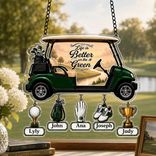Personalized golf dad suncatcher with kids names – Life Is Better on the Green window decor gift
