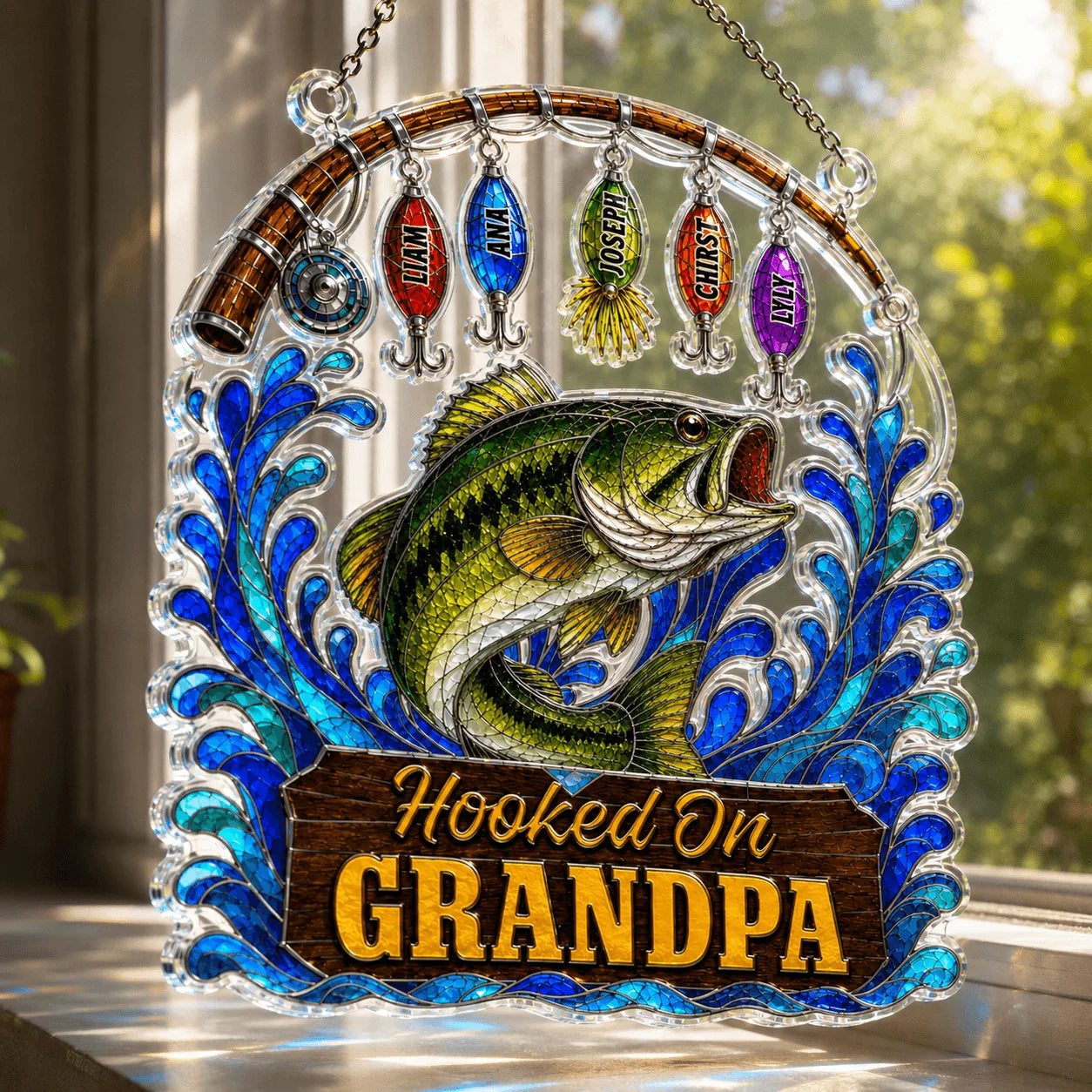 Decorative wall hanging with a fish and 'Hooked on Grandpa' text, featuring colorful fishing lures.
