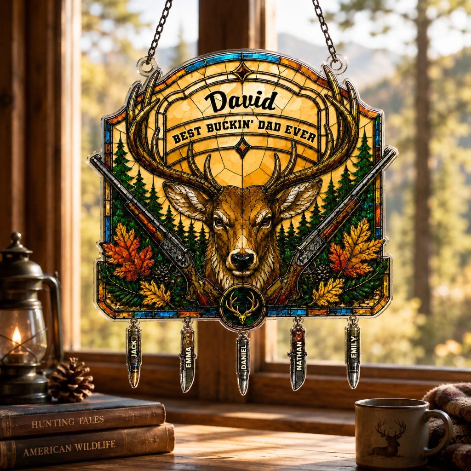 Personalized hunting dad acrylic suncatcher with custom kids names