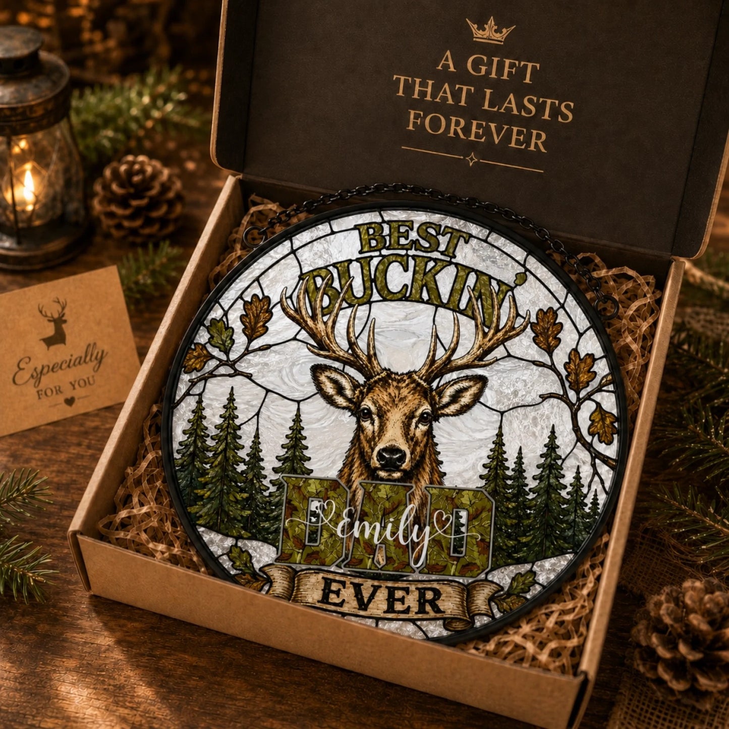 Personalized Hunting Dad Glass Suncatcher – Unique Gift from Kids for Father's Day or Birthday