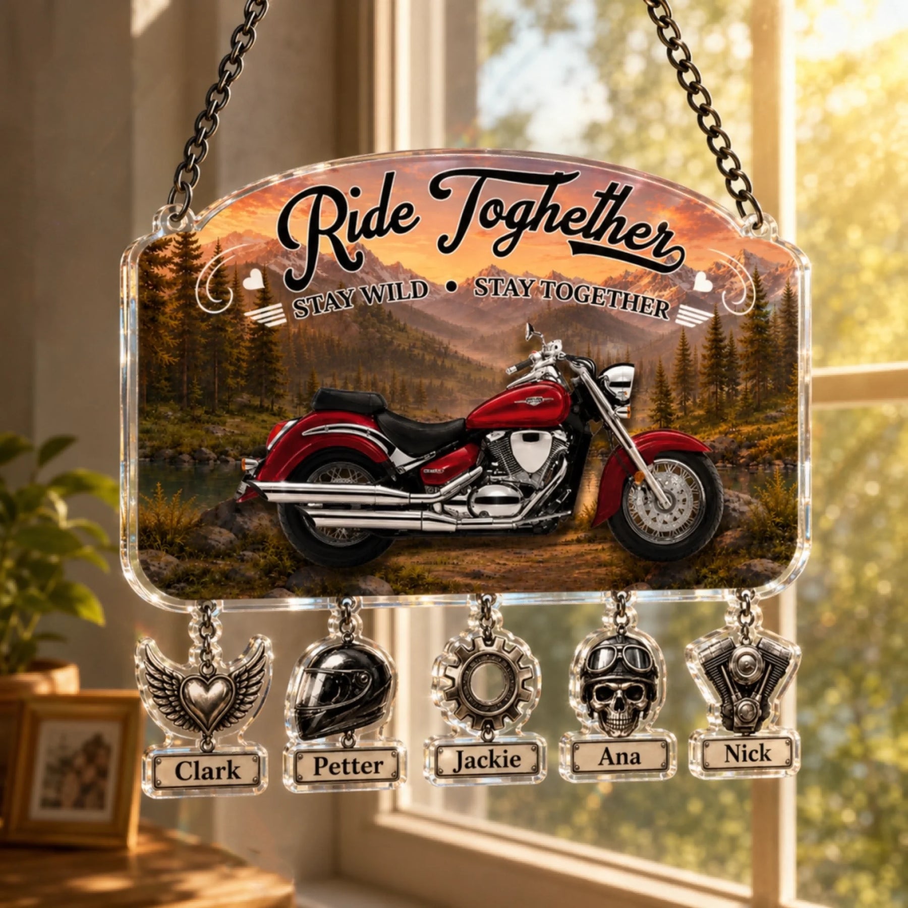 Personalized motorcycle dad suncatcher with kids names – custom window decor gift for him
