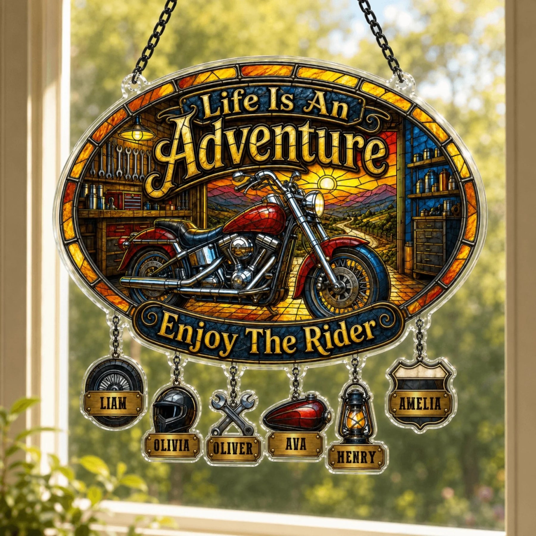 Personalized motorcycle suncatcher with custom kids names – biker dad gift