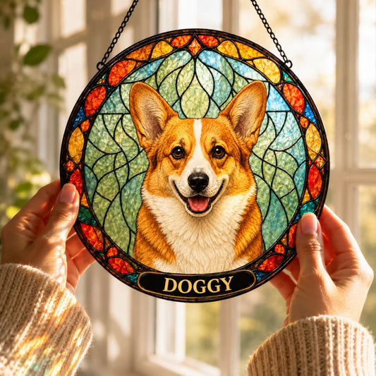 Personalized dog suncatcher with custom photo and name – stained glass window decor