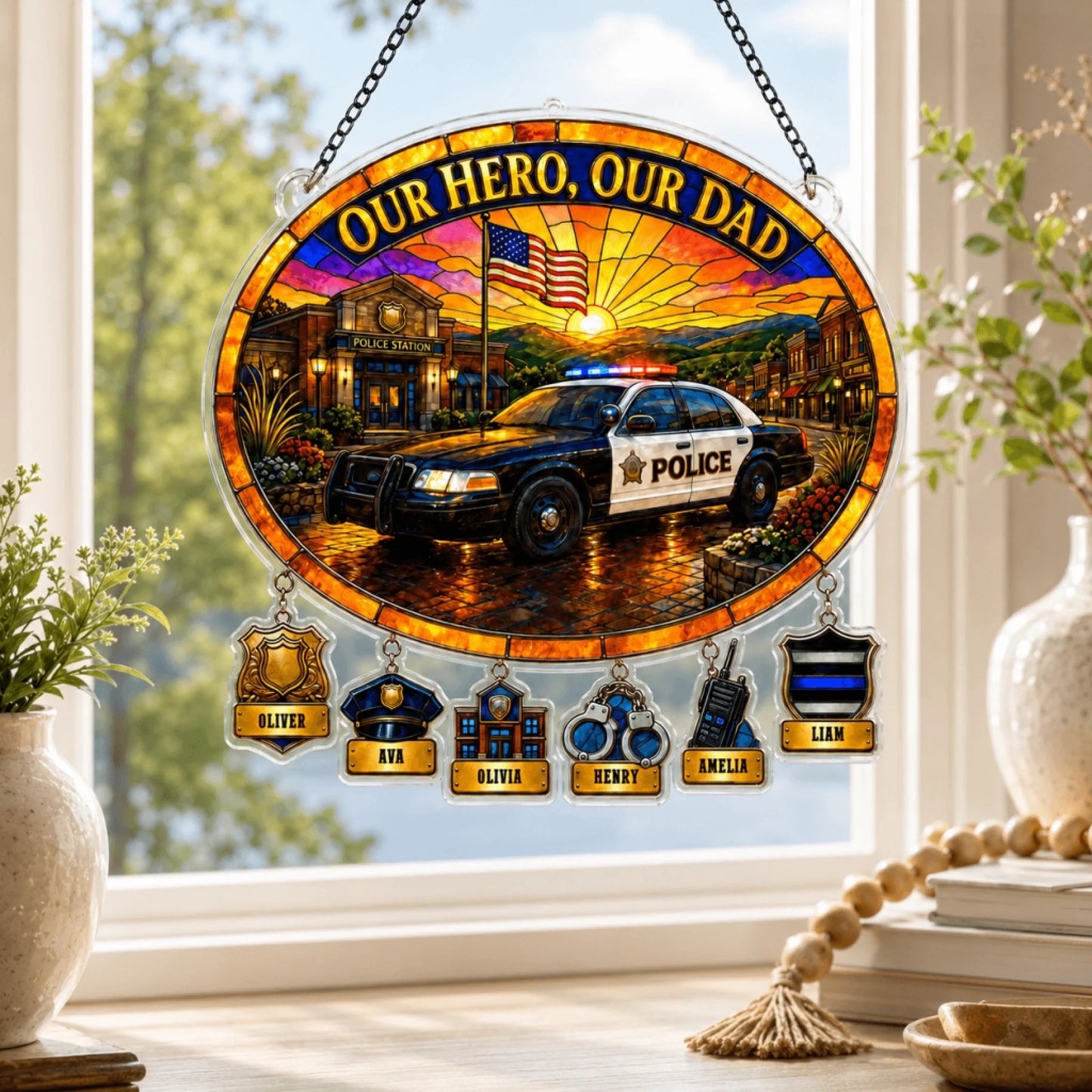 Personalized police dad suncatcher with kids' names – Our Hero Our Dad design
