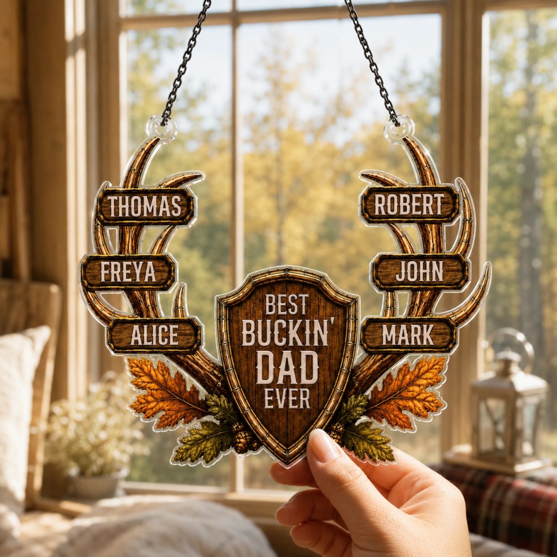 Personalized suncatcher for dad – rustic fall leaves and wood-style name plaques