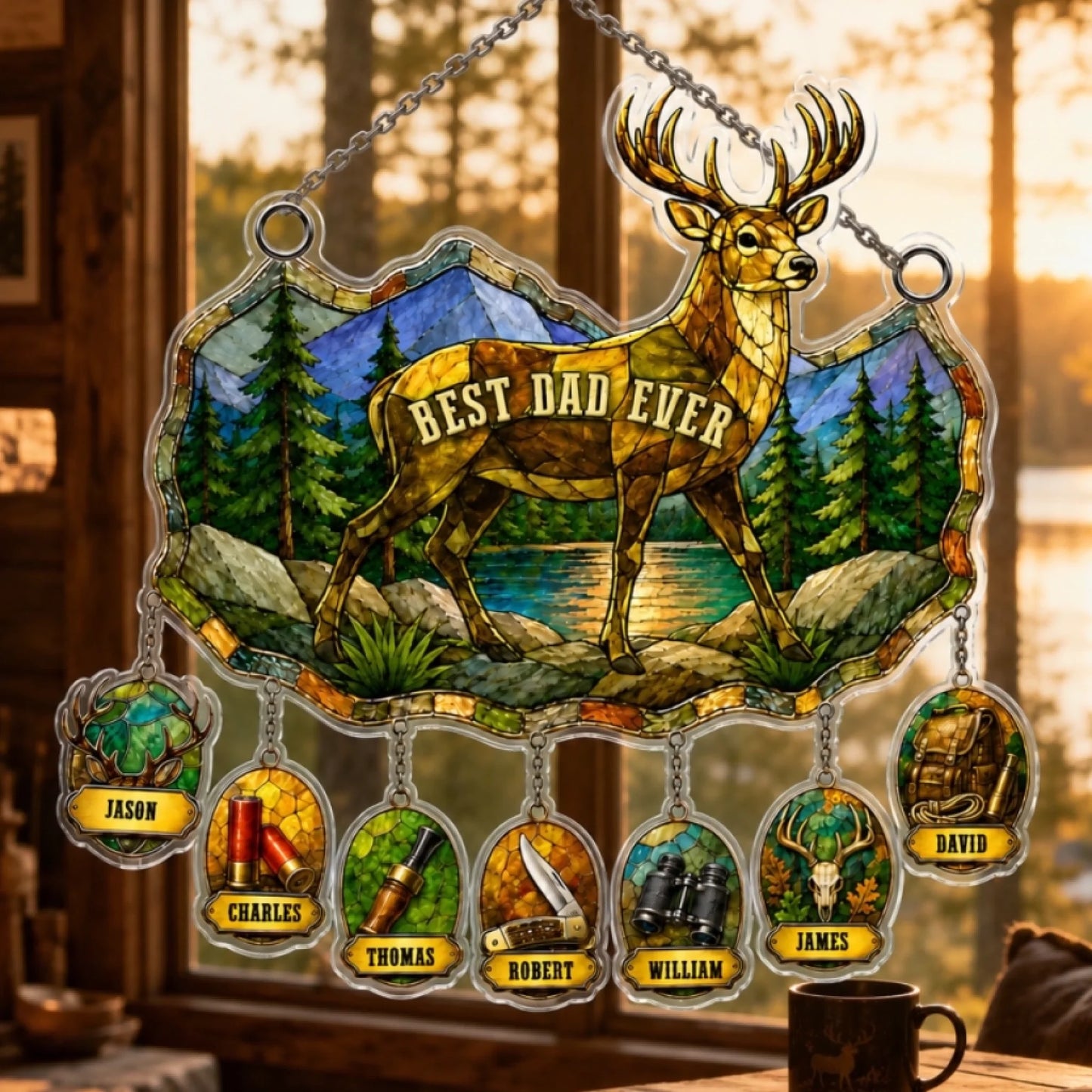 Personalized suncatcher featuring deer and mountain stained glass design – gift for dad
