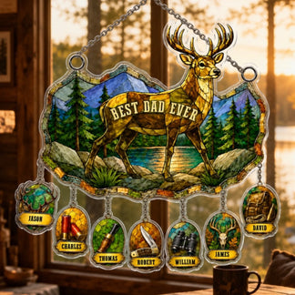 Personalized suncatcher featuring deer and mountain stained glass design – gift for dad