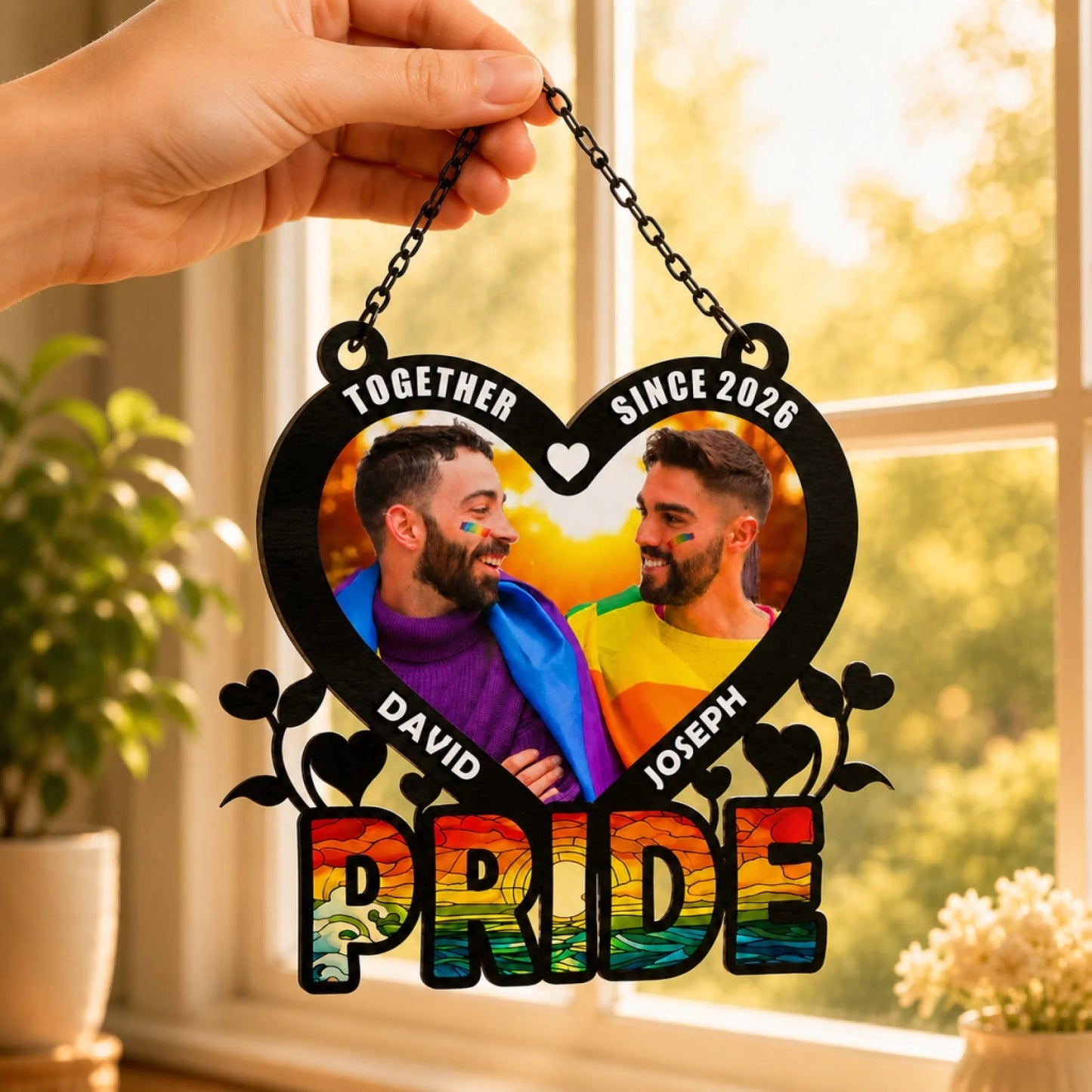 Personalized window suncatcher for LGBT couple – custom photo and year keepsake