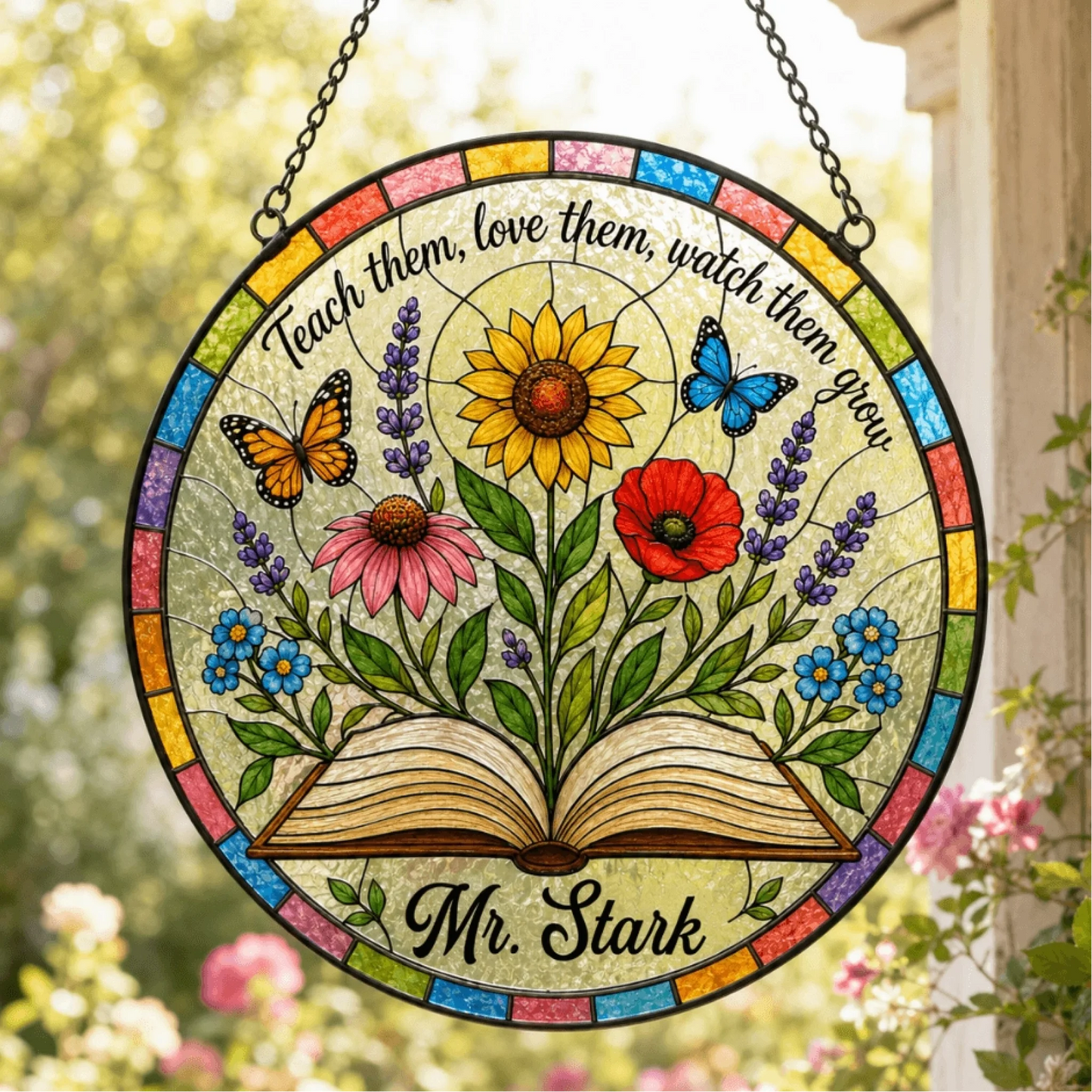 Personalized teacher floral book suncatcher with custom name – teacher appreciation gift