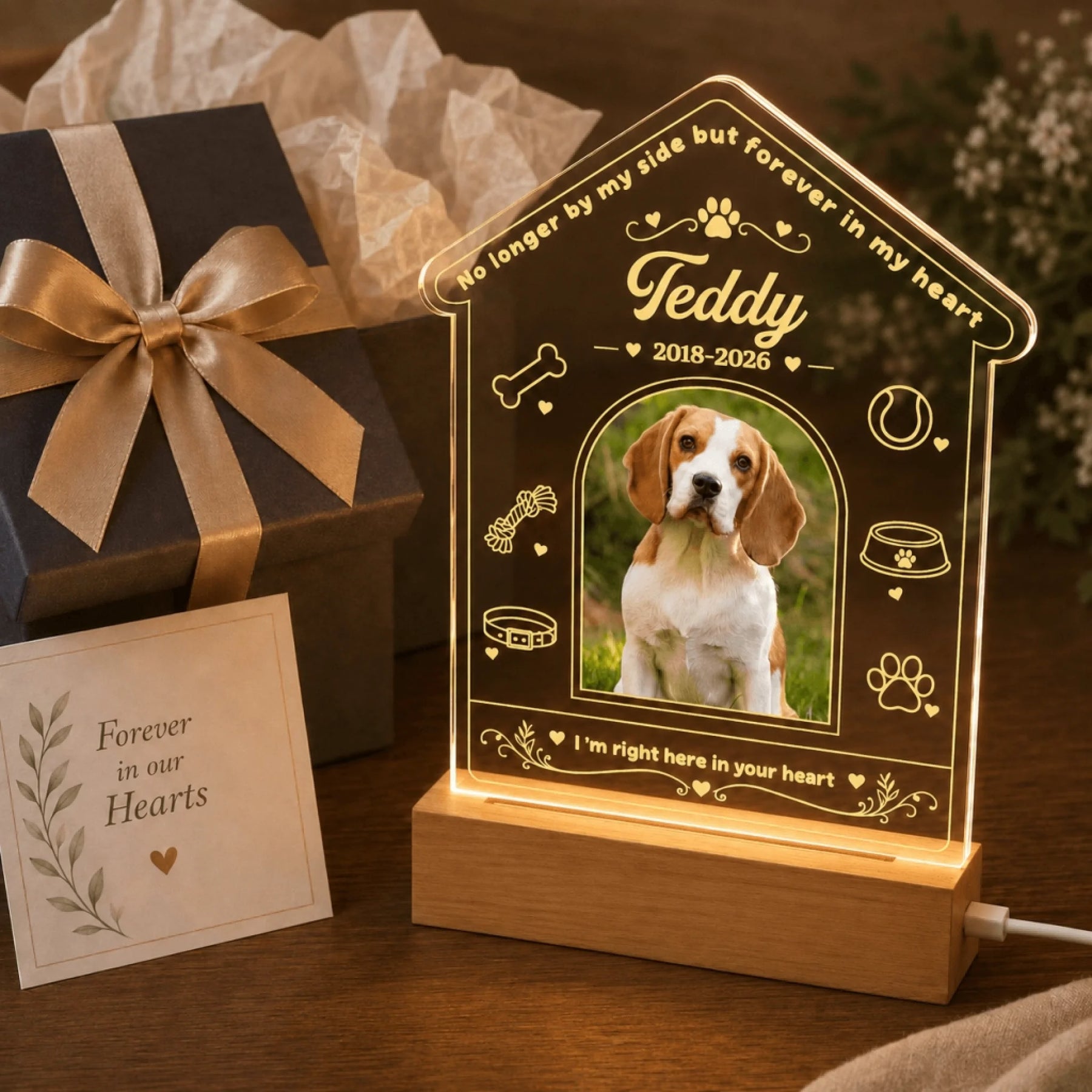 A glowing house-shaped acrylic pet memorial light displayed next to a gift box and a Forever in our Hearts card.