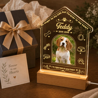 A glowing house-shaped acrylic pet memorial light displayed next to a gift box and a Forever in our Hearts card.