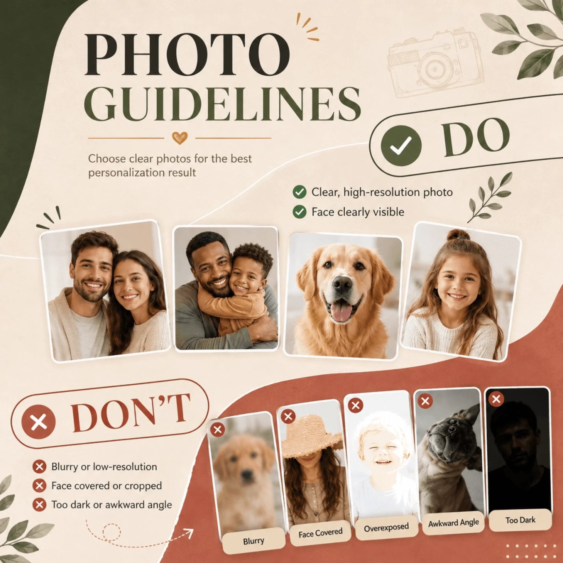 Helpful photo guidelines infographic for submitting high-quality images for personalized custom products.