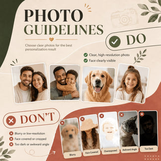 Helpful photo guidelines infographic for submitting high-quality images for personalized custom products.