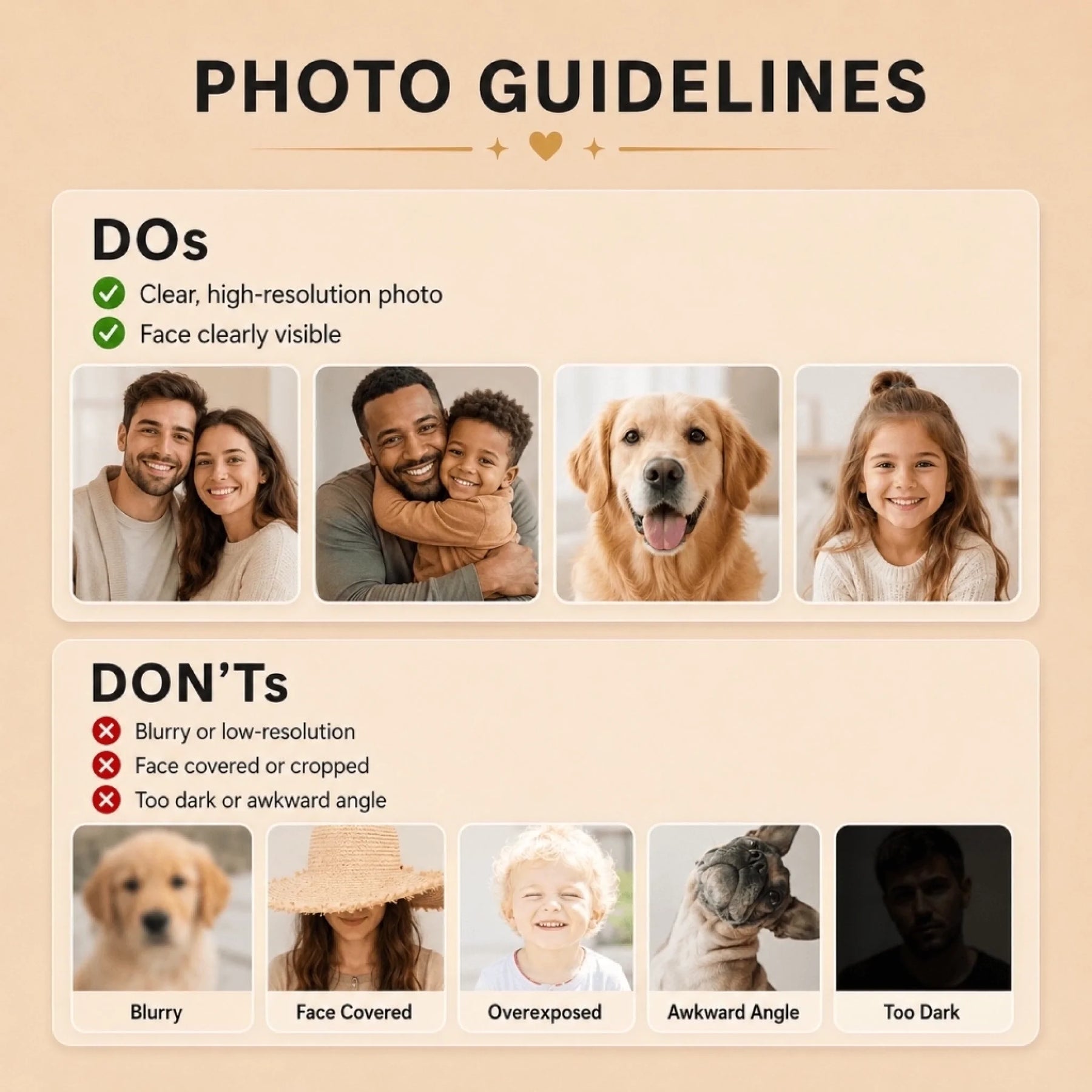 A helpful infographic showing examples of good vs bad photos to submit for high quality personalized custom gifts.