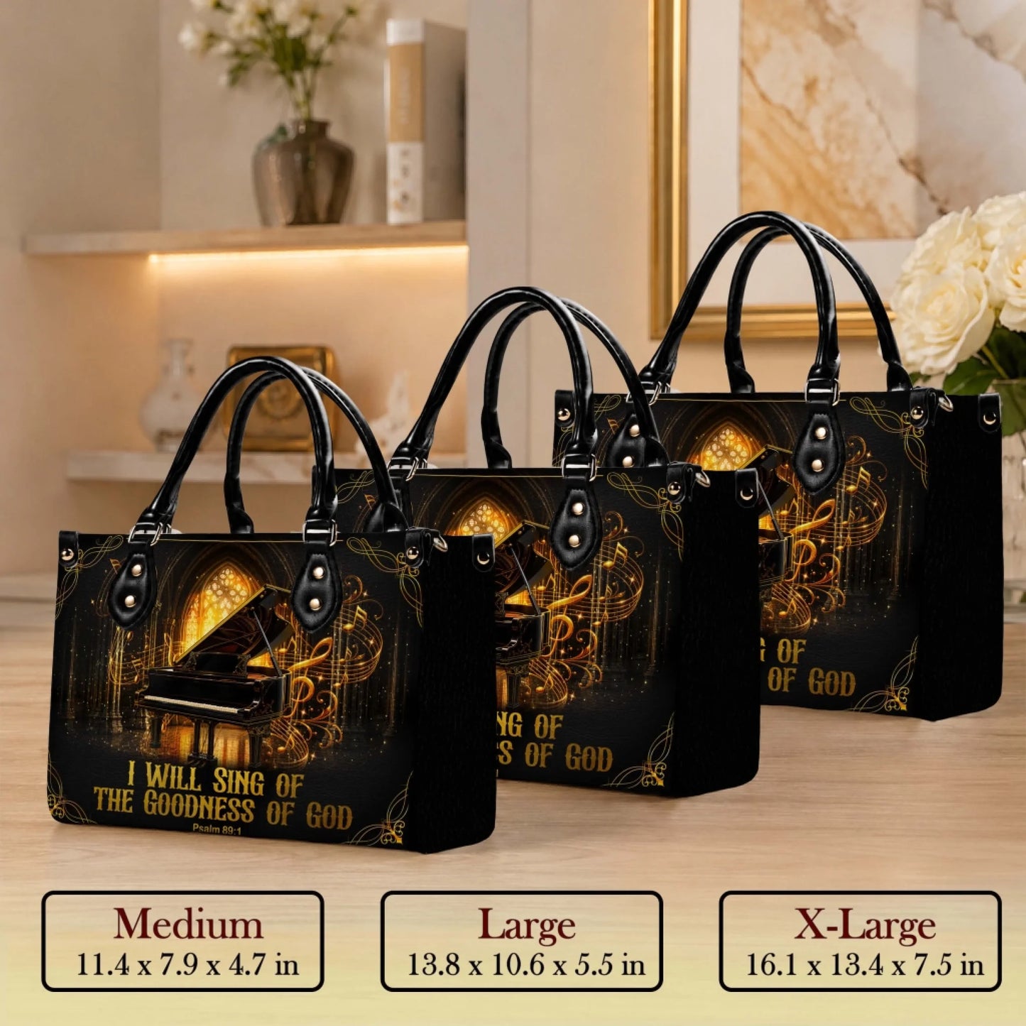 Medium large and extra large piano themed tote bags with religious text displayed in different size dimensions.