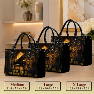 Medium large and extra large piano themed tote bags with religious text displayed in different size dimensions.
