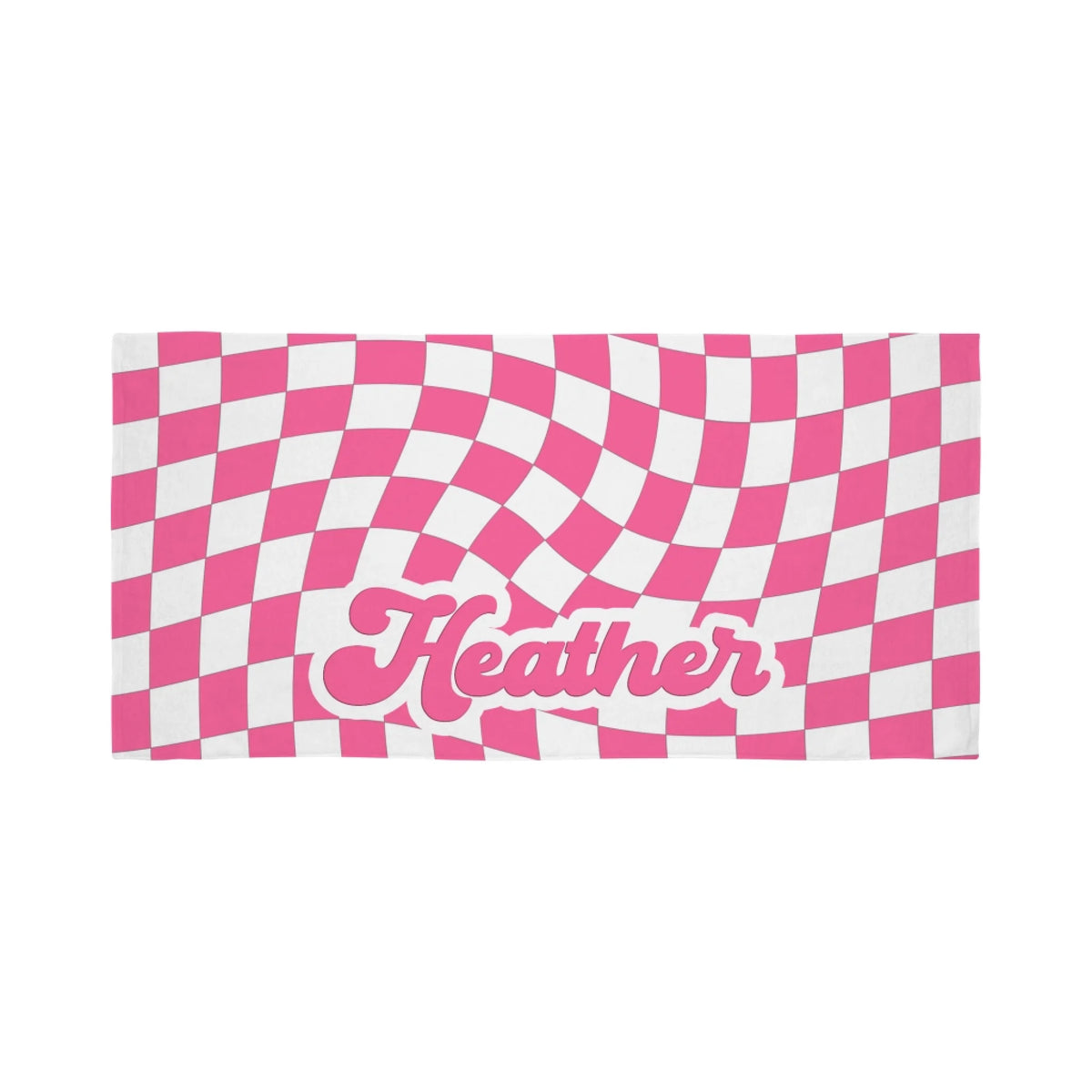 A personalized pink and white wavy checkerboard beach towel with the name Heather written in a groovy retro font.