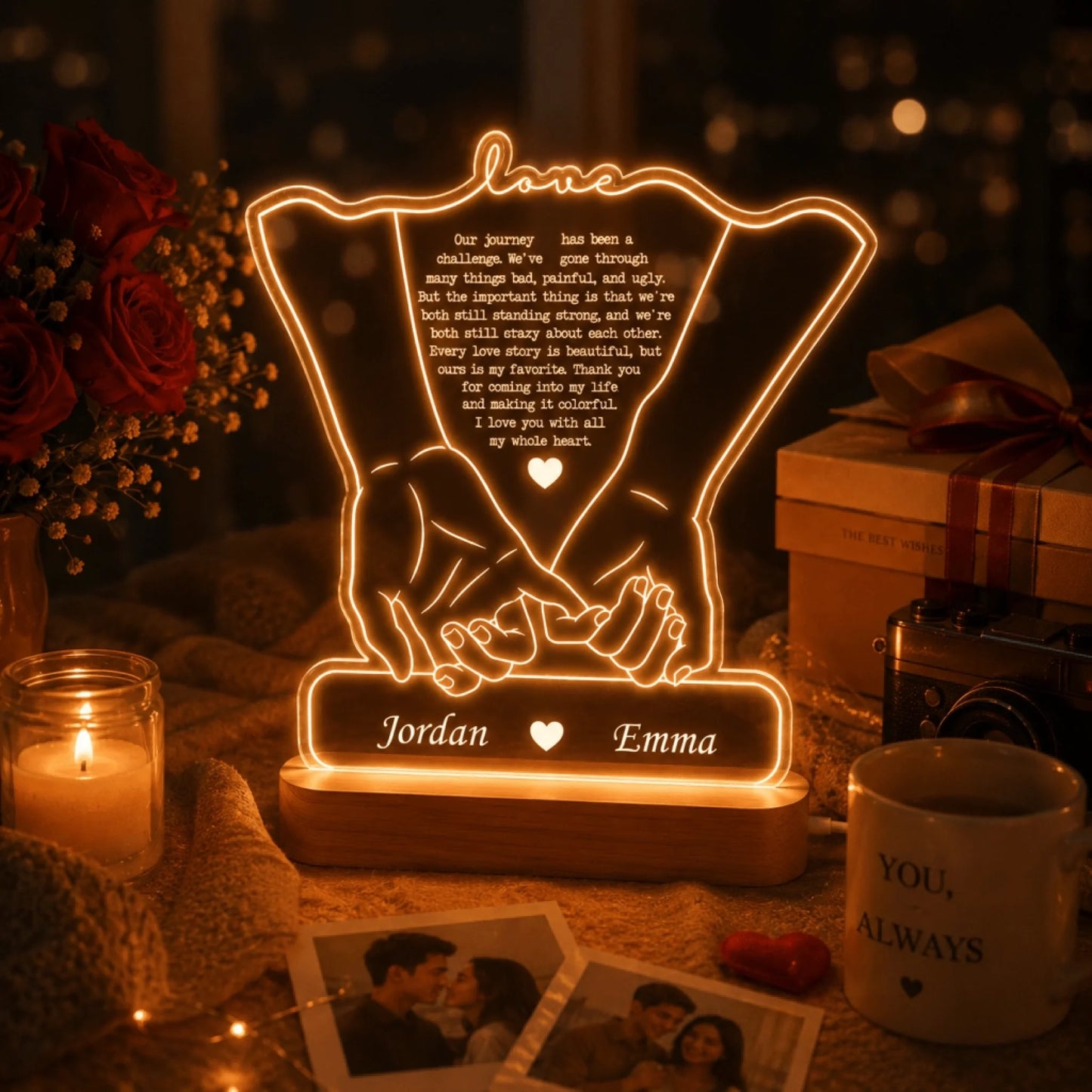 A glowing acrylic lamp featuring clasped hands, a heartfelt quote, and names "Jordan" and "Emma" amidst roses, a camera, and photos.