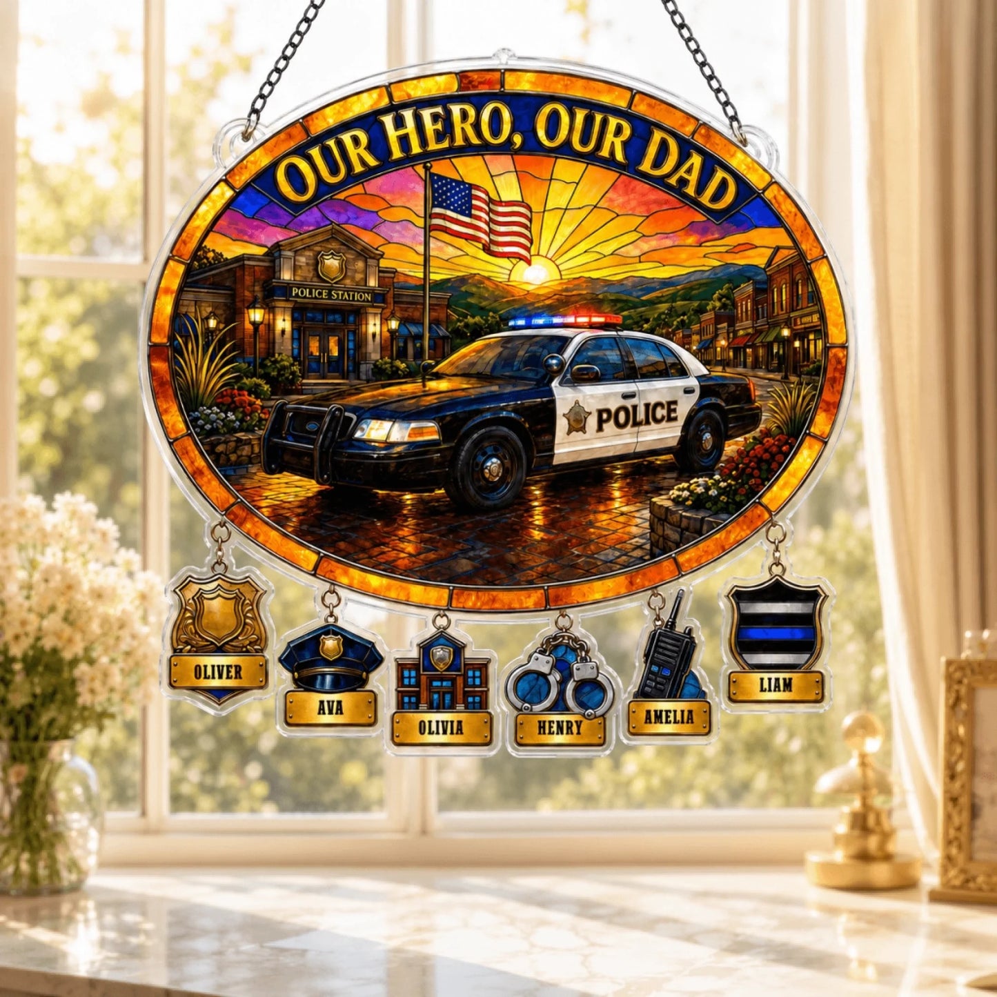 Close-up of custom name charms on police dad suncatcher
