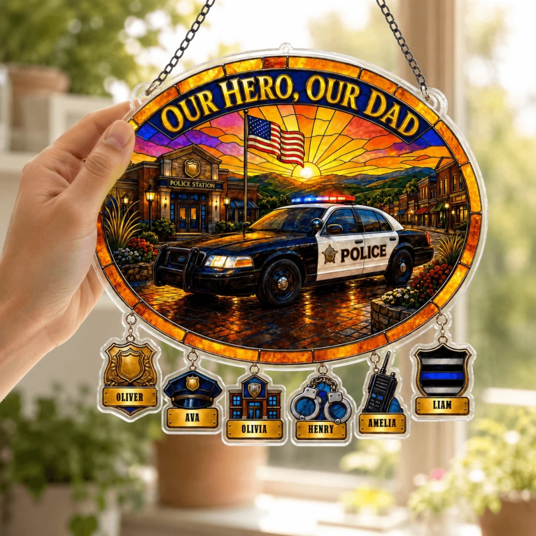 Police officer dad suncatcher hanging in sunny window