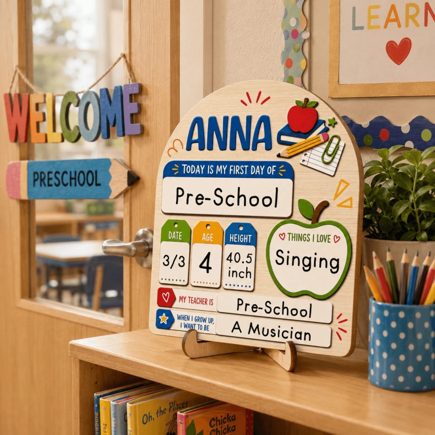 Personalized wooden first day of school sign displayed in a classroom, perfect for capturing school milestones.