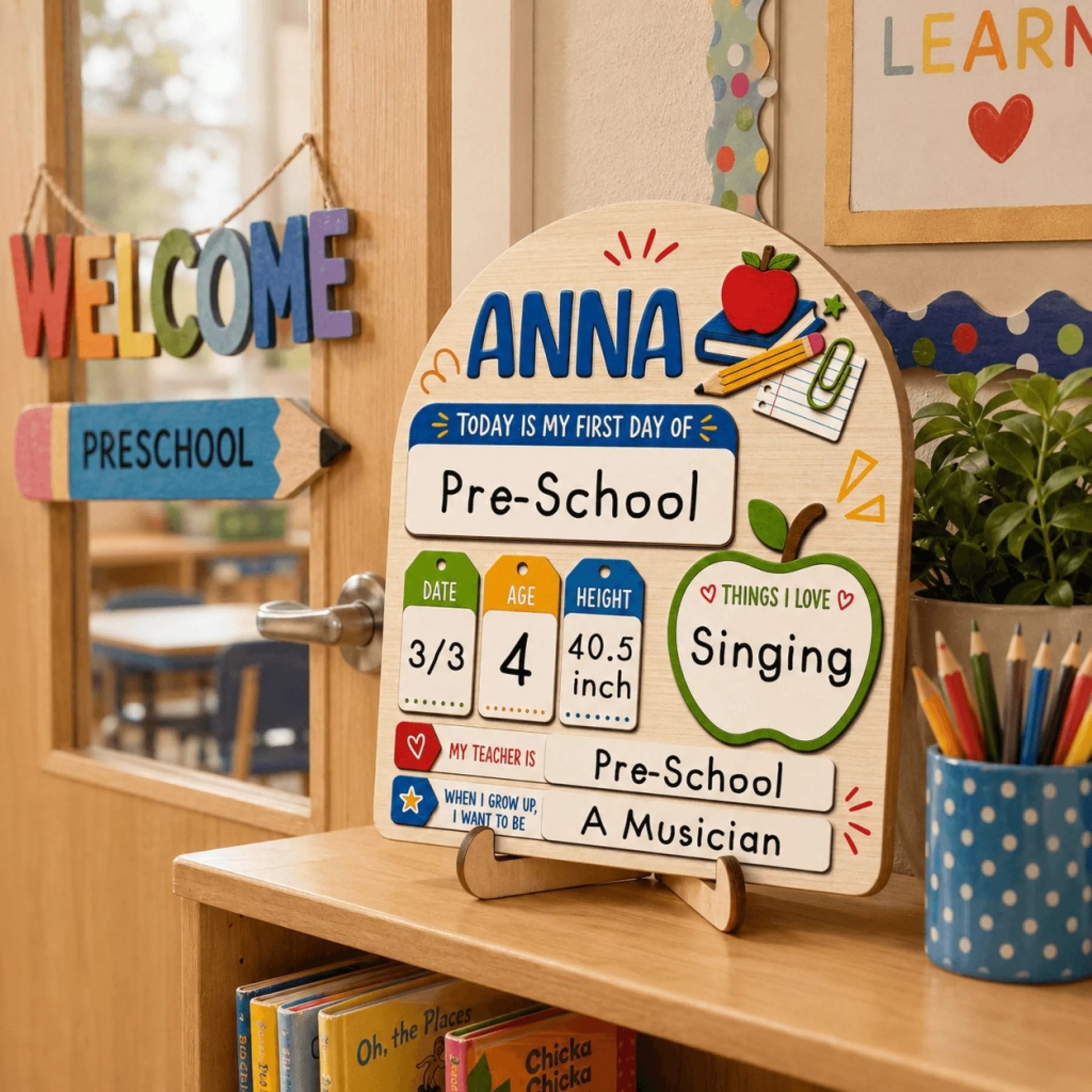 Personalized wooden first day of school sign displayed in a classroom, perfect for capturing school milestones.