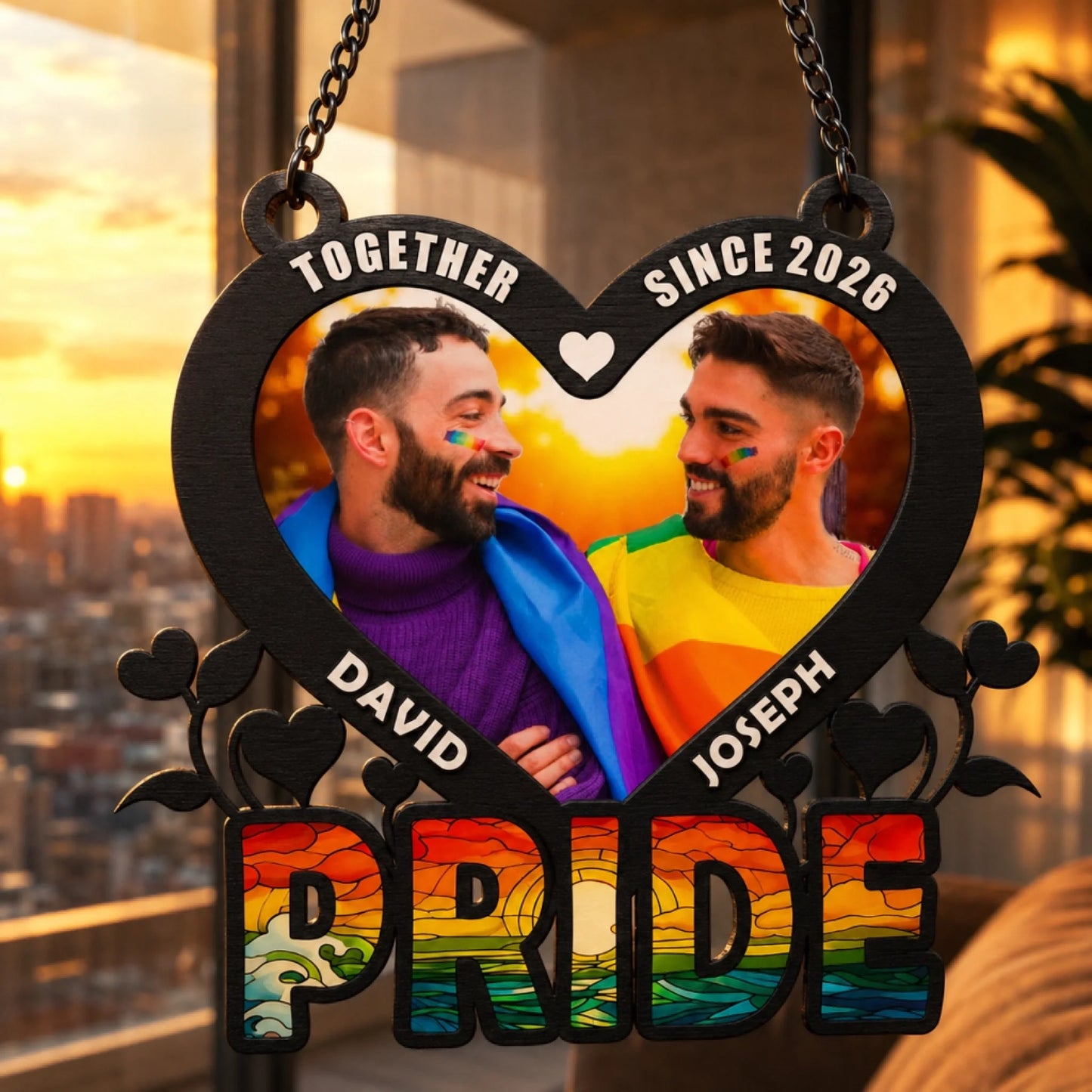 Pride-themed rainbow suncatcher ornament for LGBT couples with custom names