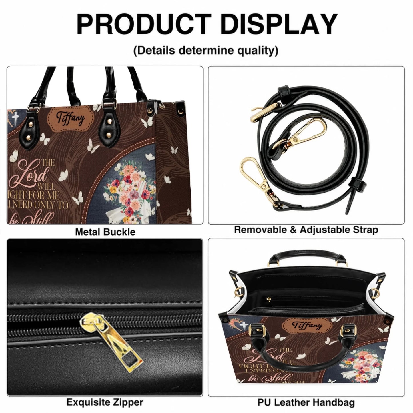 Product display showing features of a personalized religious handbag including metal buckle, adjustable strap, and zipper.