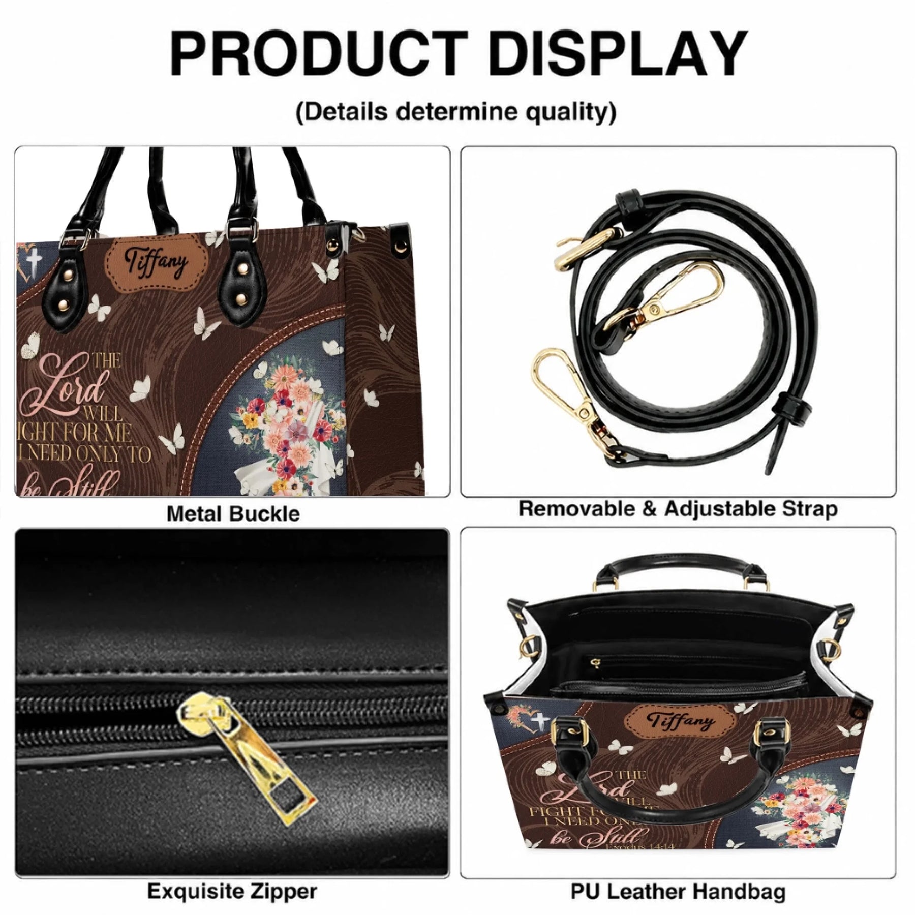 Product display showing features of a personalized religious handbag including metal buckle, adjustable strap, and zipper.