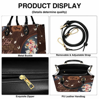 Product display showing features of a personalized religious handbag including metal buckle, adjustable strap, and zipper.