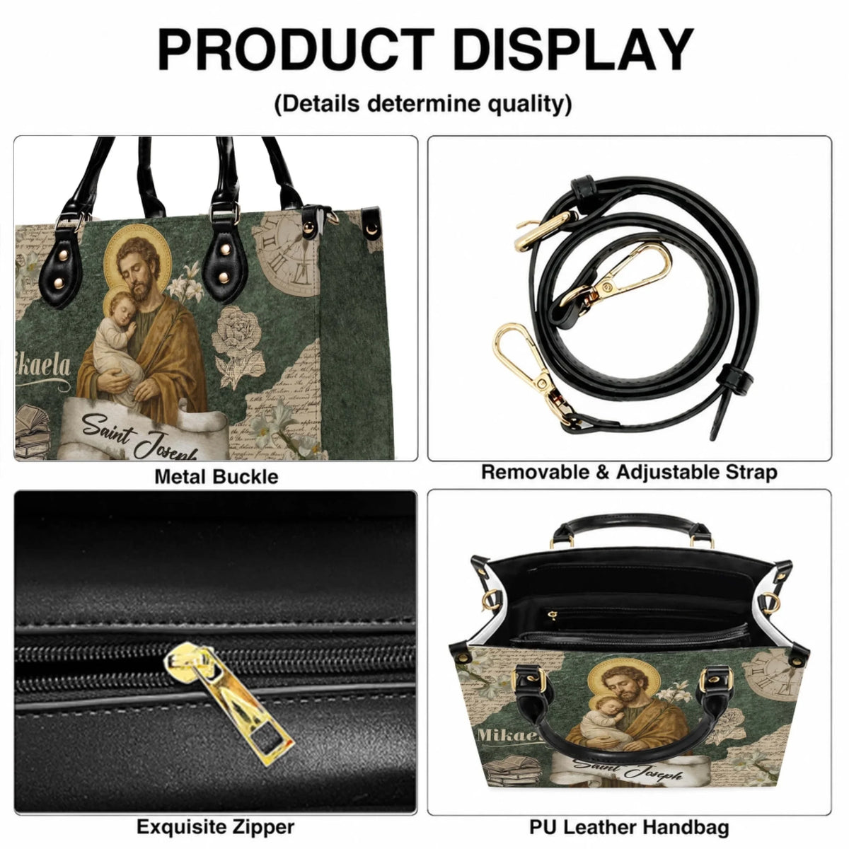 Product feature display of Saint Joseph personalized handbag showcasing the strap, zipper and hardware details.