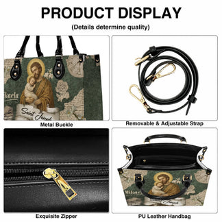 Product feature display of Saint Joseph personalized handbag showcasing the strap, zipper and hardware details.