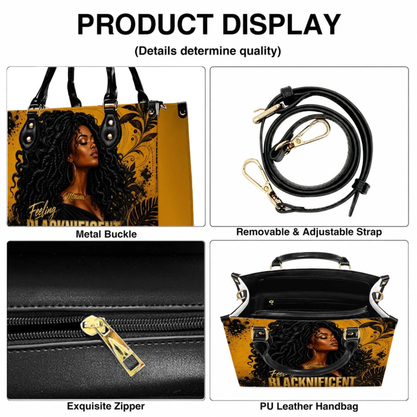 Product feature display showing the adjustable strap and quality craftsmanship of the personalized handbag.