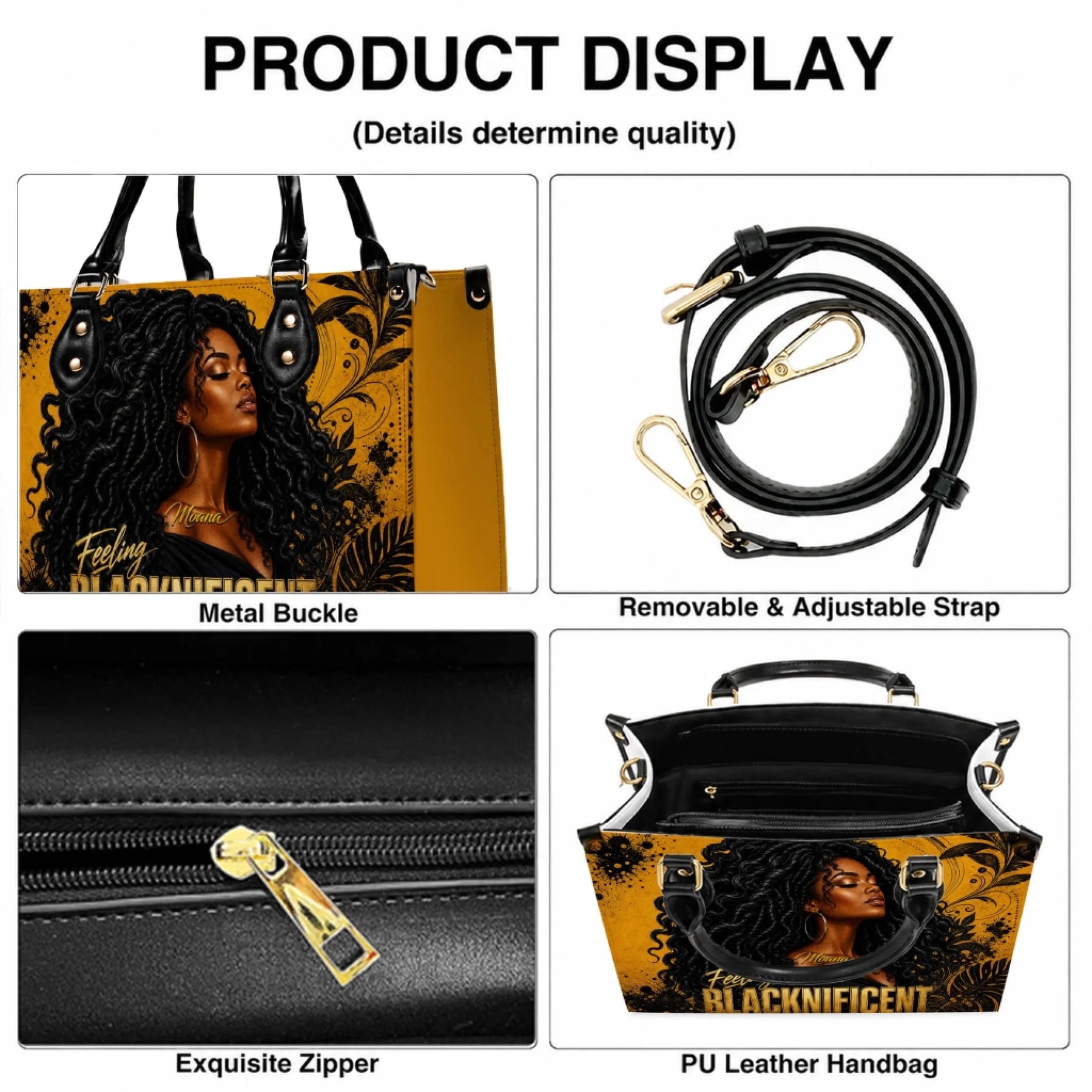 Product feature display showing the adjustable strap and quality craftsmanship of the personalized handbag.