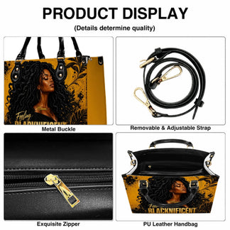 Product feature display showing the adjustable strap and quality craftsmanship of the personalized handbag.