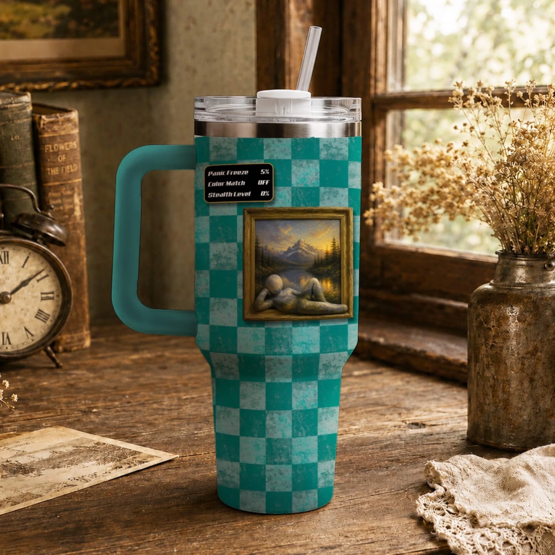 Insulated travel tumbler with a prop hunt game overlay and a framed landscape painting design.