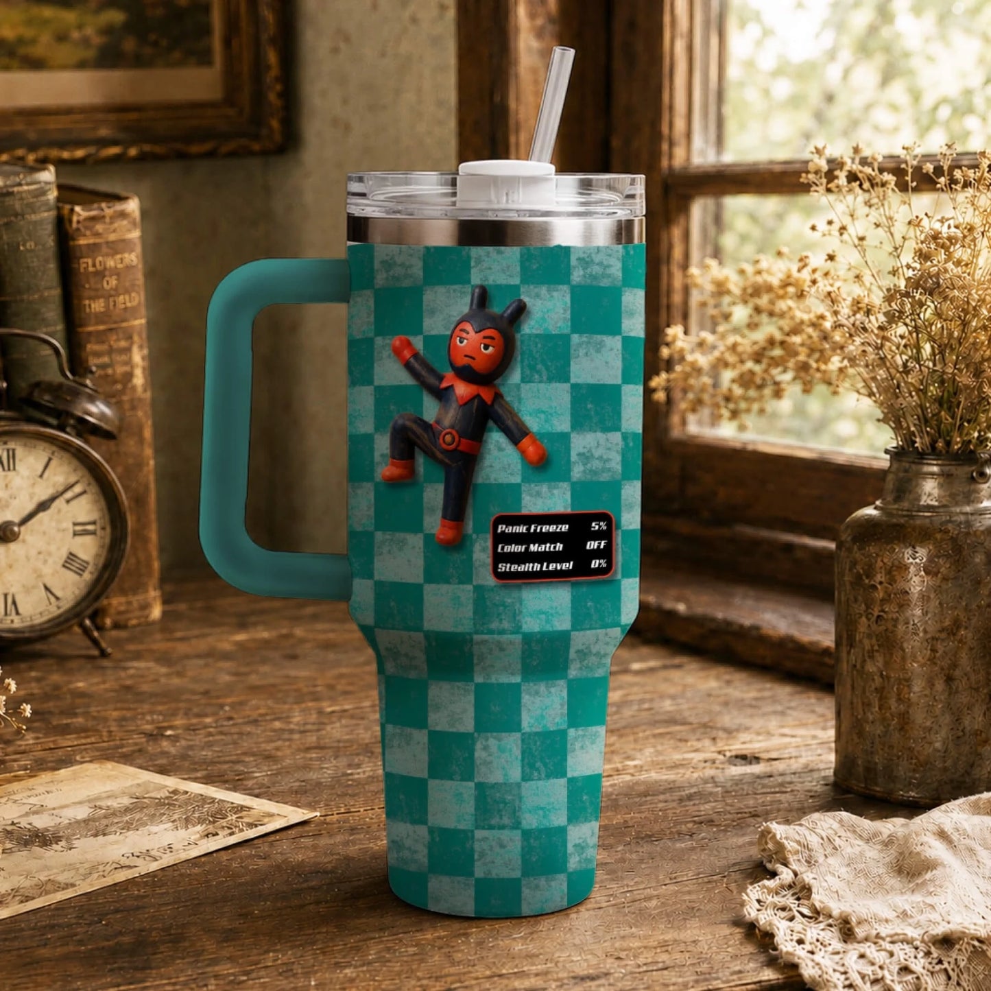 Custom 40oz gaming tumbler featuring a prop hunt character graphic and a digital status menu interface.