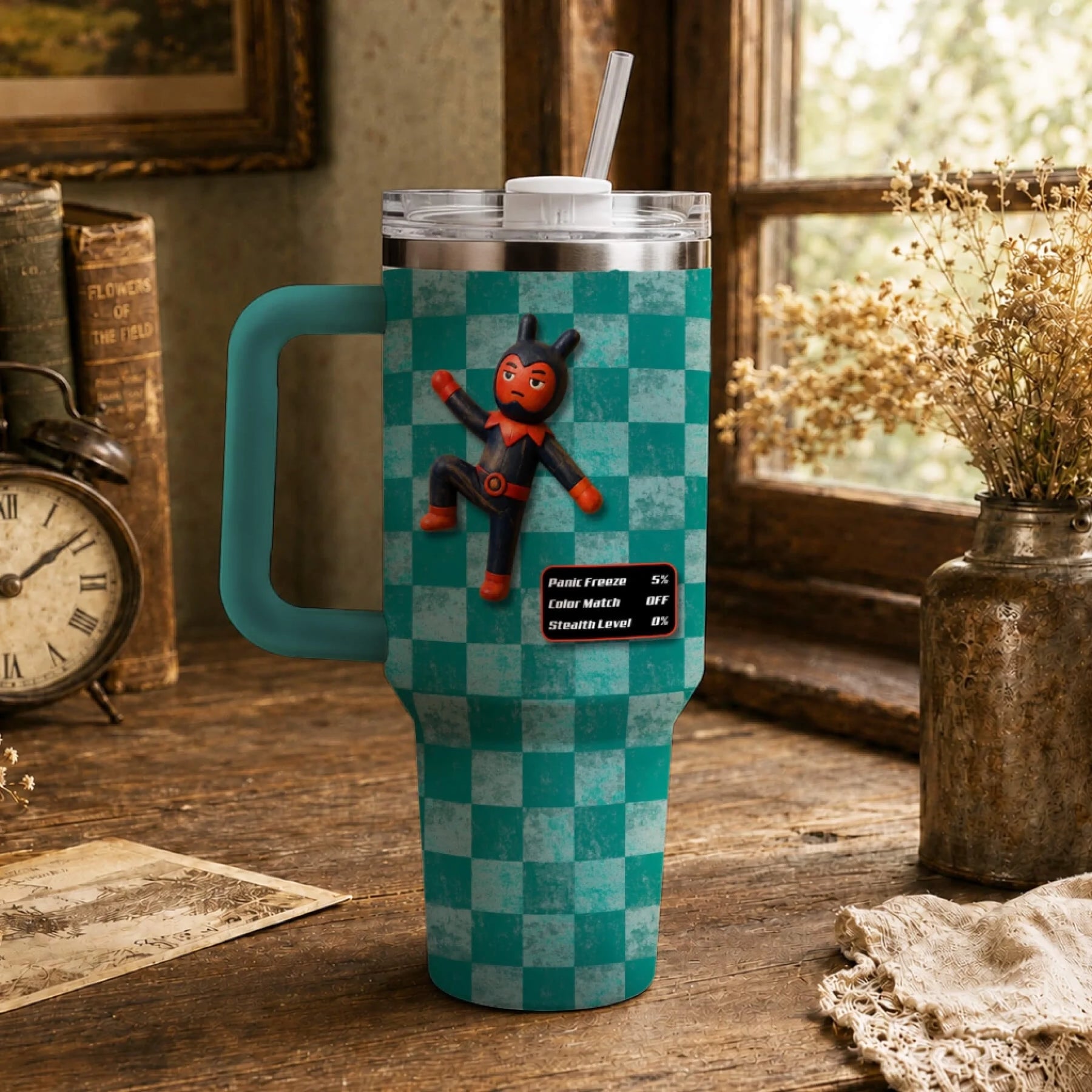 Custom 40oz gaming tumbler featuring a prop hunt character graphic and a digital status menu interface.