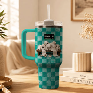 40oz stainless steel tumbler featuring a humorous prop hunt game design with a stack of toilet paper rolls.