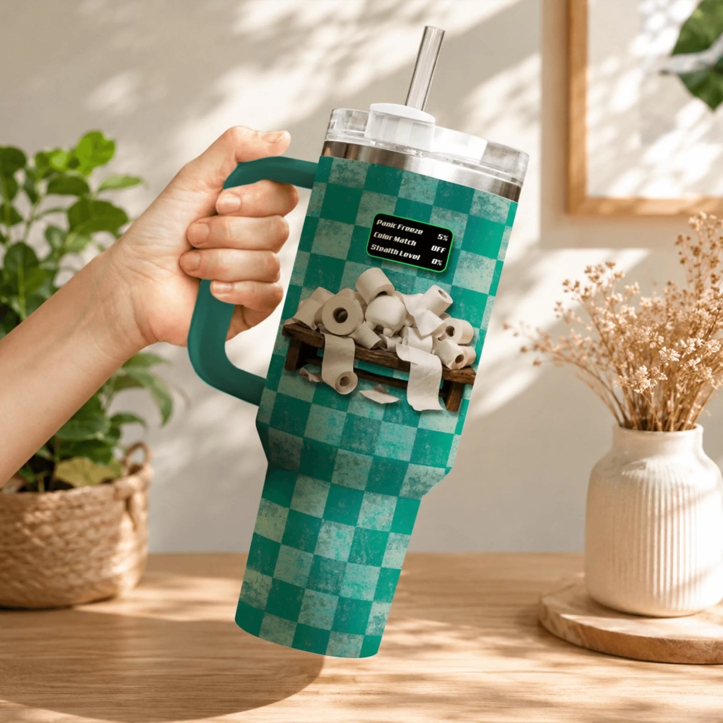 Personalized prop hunt game themed travel tumbler with a handle, displaying a stack of toilet paper as a prop.