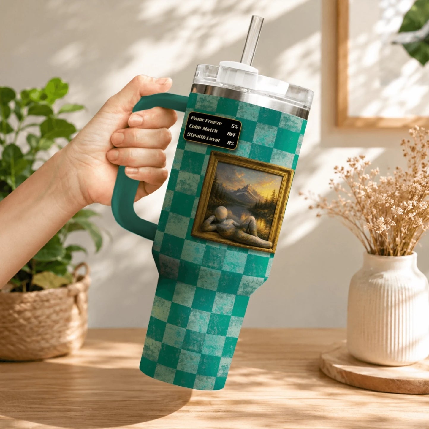 40oz tumbler with a prop hunt hide and seek game interface showing a reclined art piece on a checkered background.