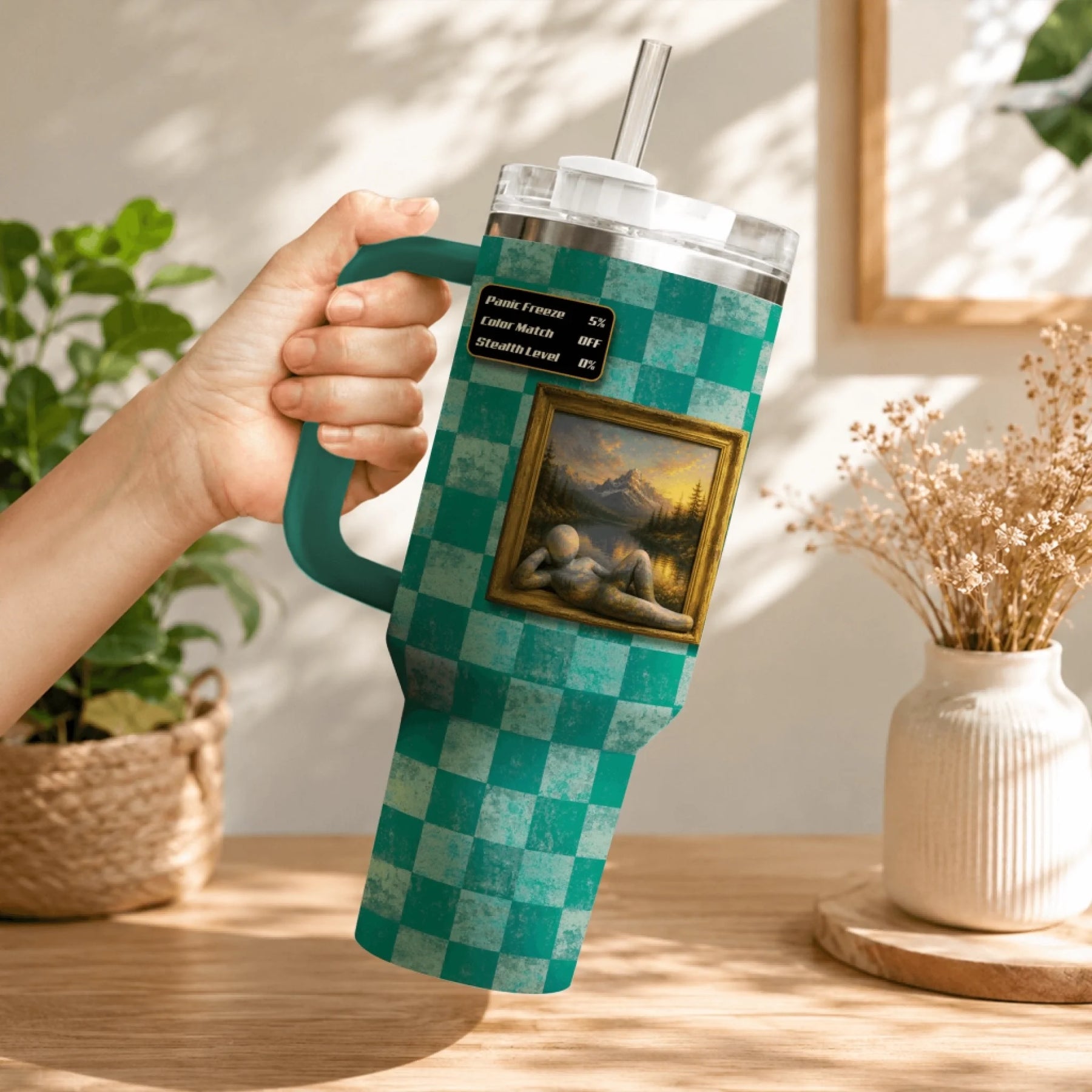 40oz tumbler with a prop hunt hide and seek game interface showing a reclined art piece on a checkered background.